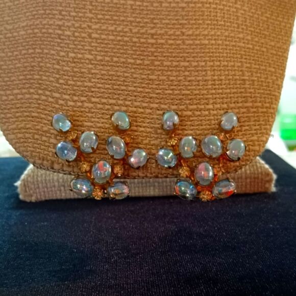 Unique! Beautiful Ornate Iridescent Pale Blue & Gold tone Earrings (clip) - Picture 1 of 6